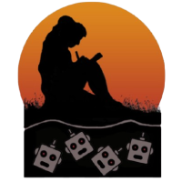 women writing before a sunset on the grave of robots. Logo for the dystopian journalist
