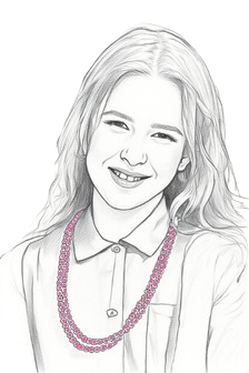 sketch of a child (me) with long hair wearing a string of pink beads