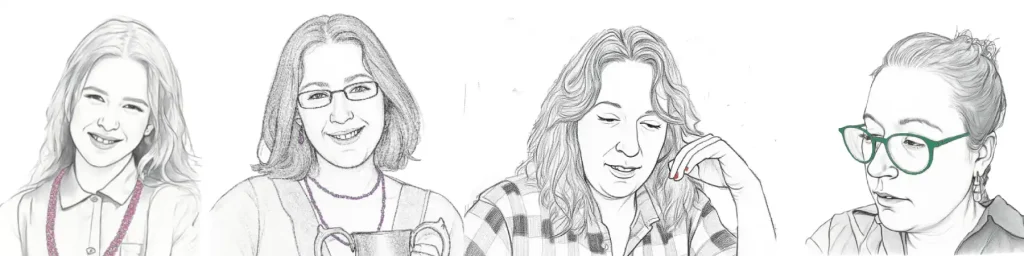series of four sketch images of me as a child with pink beads, a teenager with purple jewellery, a young scientist with red fingernail polish and my middle aged self with green glasses