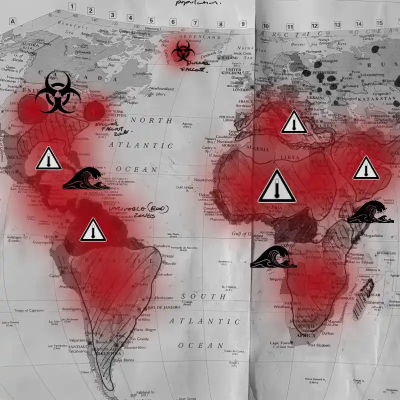 Black and grey world map covered with red blotches and danger symbols