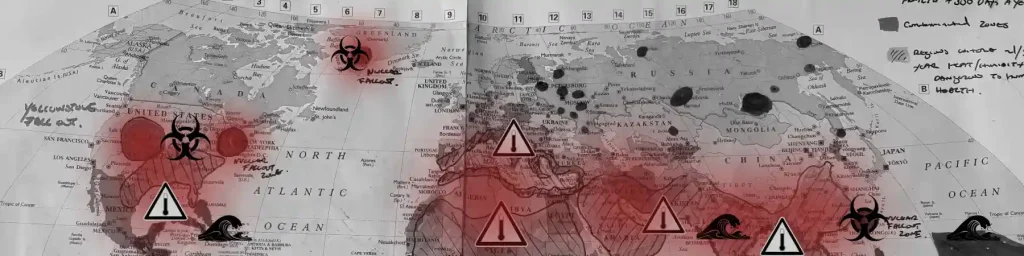 grayscale world map covered in red blotches and danger icons representing potential doomsdays.