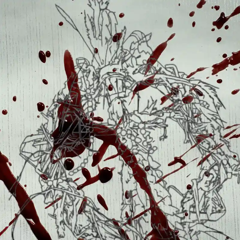 Sketch of a corn dolly and wreath spattered with blood