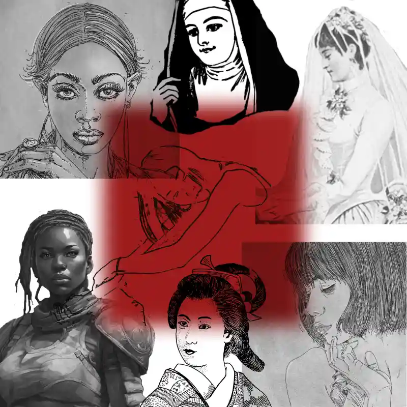 Collage of women (a hacker, a nun, a bride, a flapper, a Chinese concubine and a Martian warrior) surrounding a crouching girl highlighted in red
