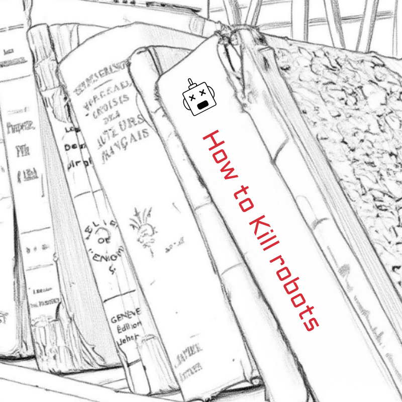 sketch of books on a book shelf. The spine of the closest one reads - how to kill robots