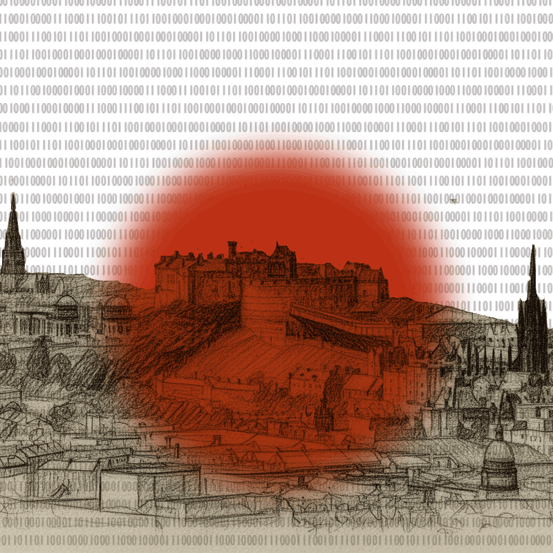 Sketch of Edinburgh with the castle circles in red. In the background across the whole image is binary code.