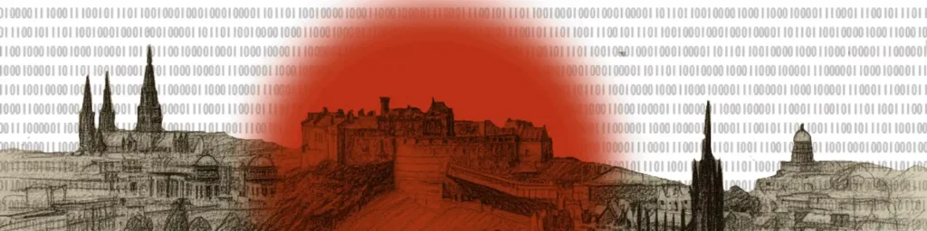 Sketch of Edinburgh with the castle circles in red. In the background across the whole image is binary code.