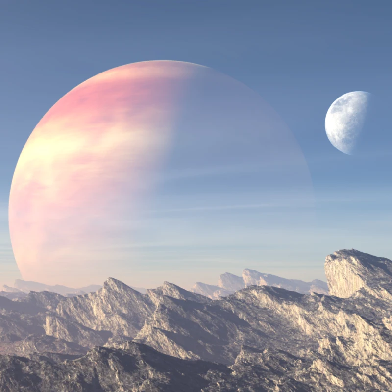 Picture of mountains with planets and moons in the sky