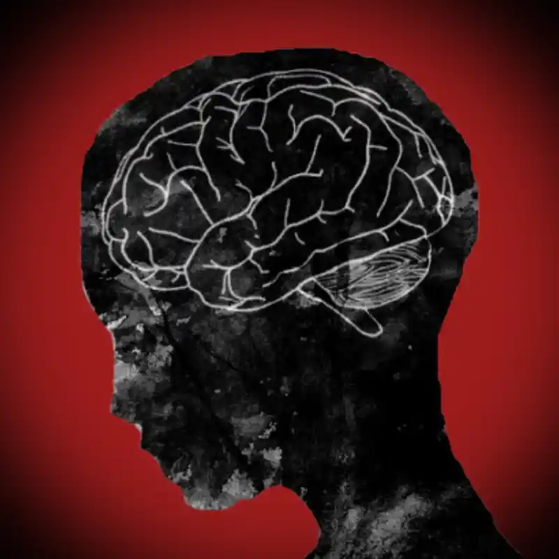 Sketch outline of womens head with visible brain against red background