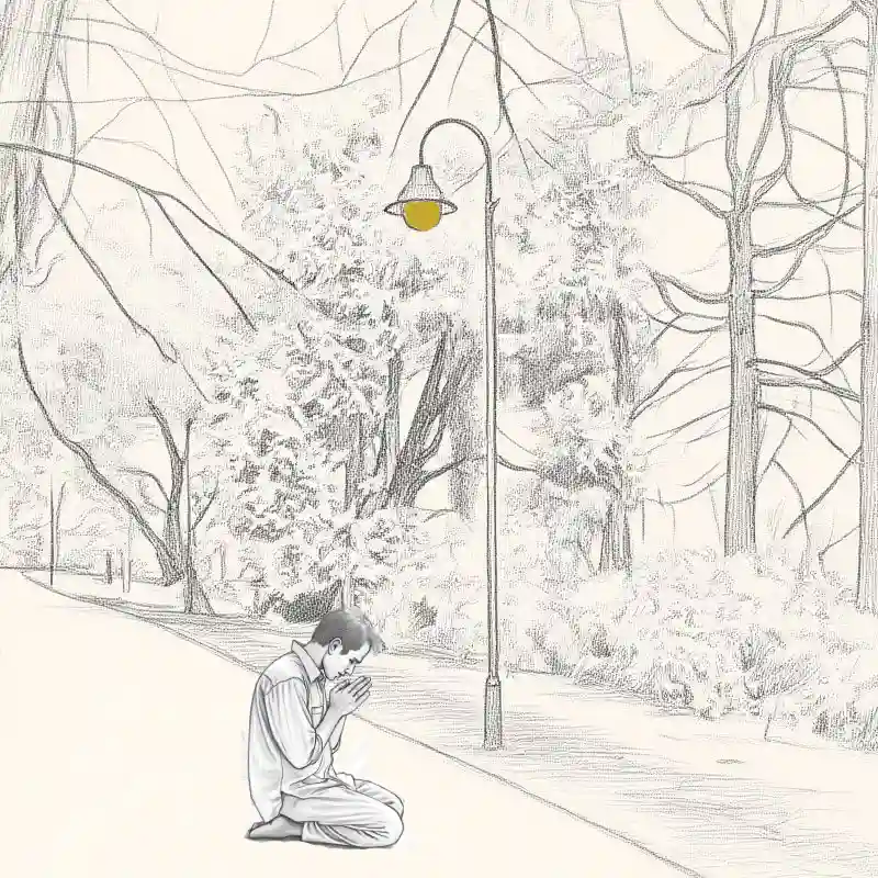 Sketch of man praying before a lit lamp post