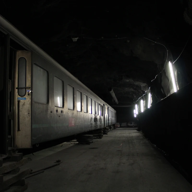 Broken down train in dark tunnel