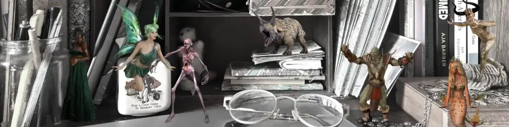 cool tone picture of my writing desk populated by little monsters including a ogre, a mermaid, a zombie, a fairy, a medusa and a triceratops