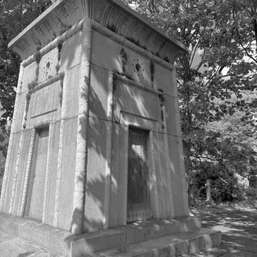 black and white image of a mausoleum
